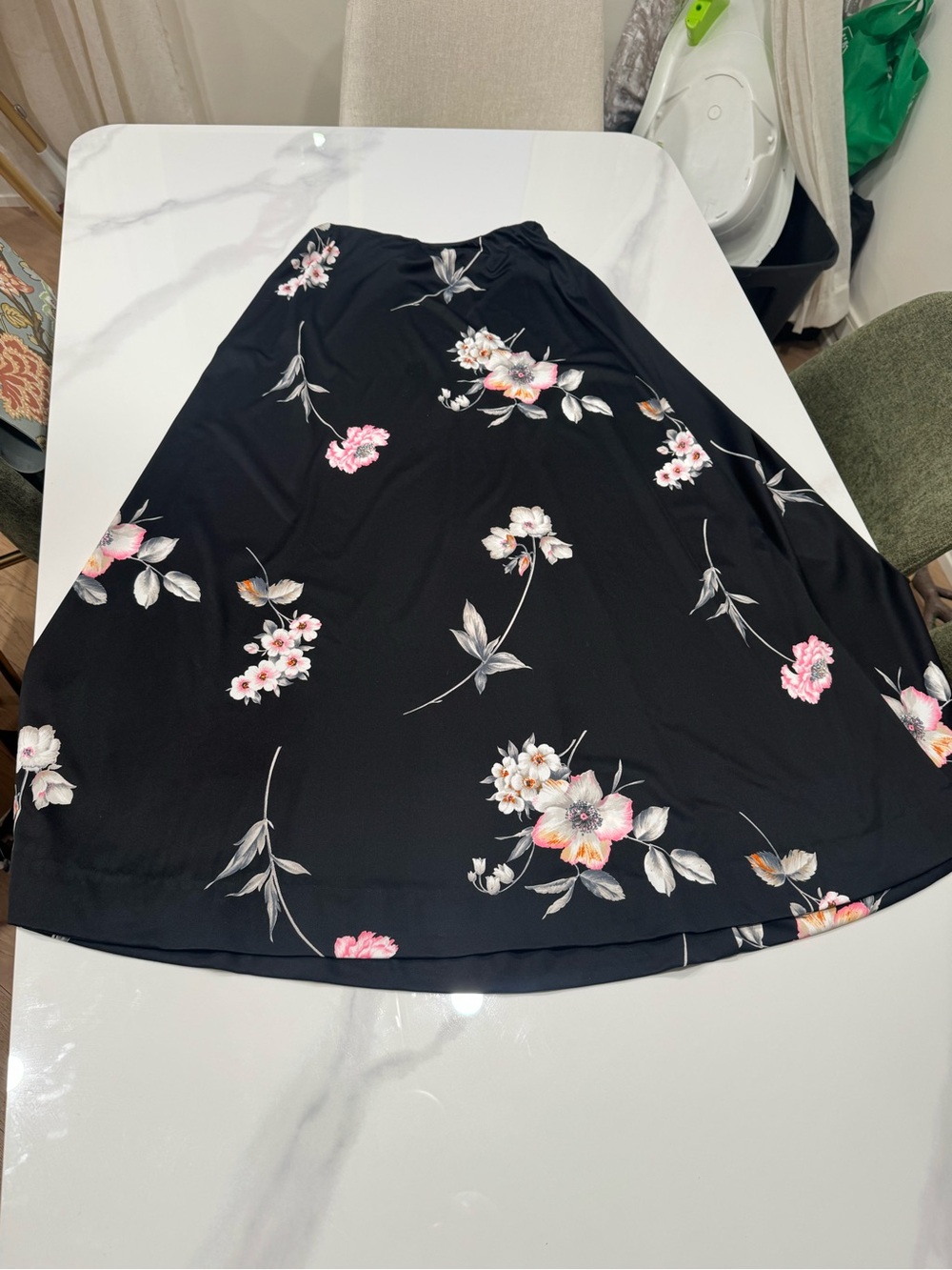 Vintage Women’s Black Floral Maxi Skirt with Pink Blossom Print, Made in Canada